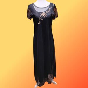 TWO PIECE SHEER BLACK MAXI DRESS FLORAL EMBROIDERY DESIGN MEDIUM